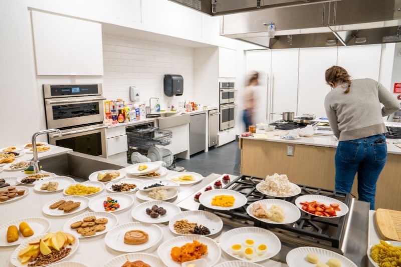 Plates of various processed foods are displayed in the DONNUT lab.